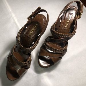 Prada Brown Leather Crossover Platform Sandals.